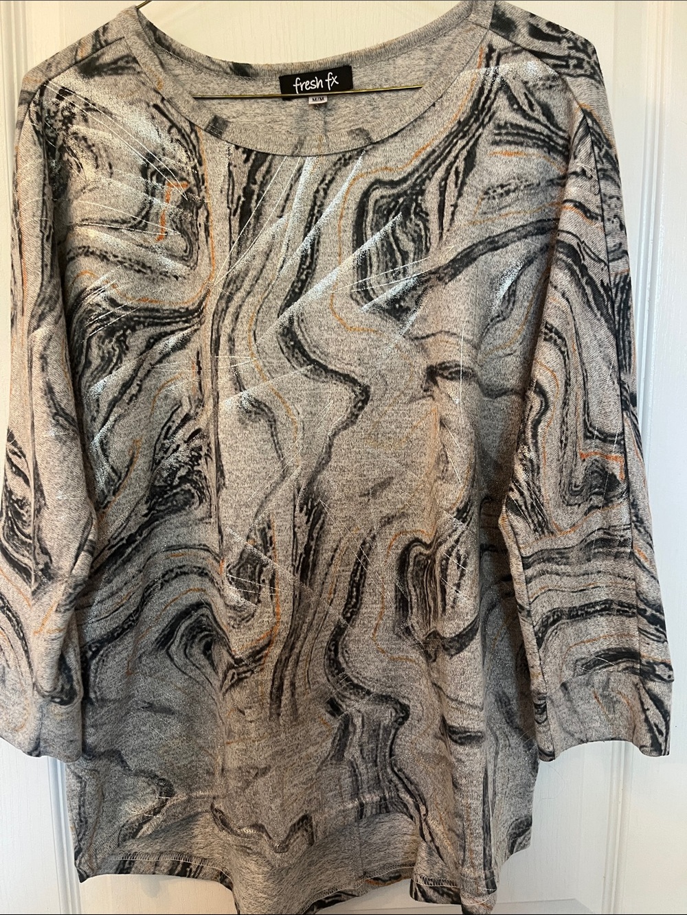 fresh fx Marble-Print Grey & Black Long Sleeve Pullover with Orange Accents